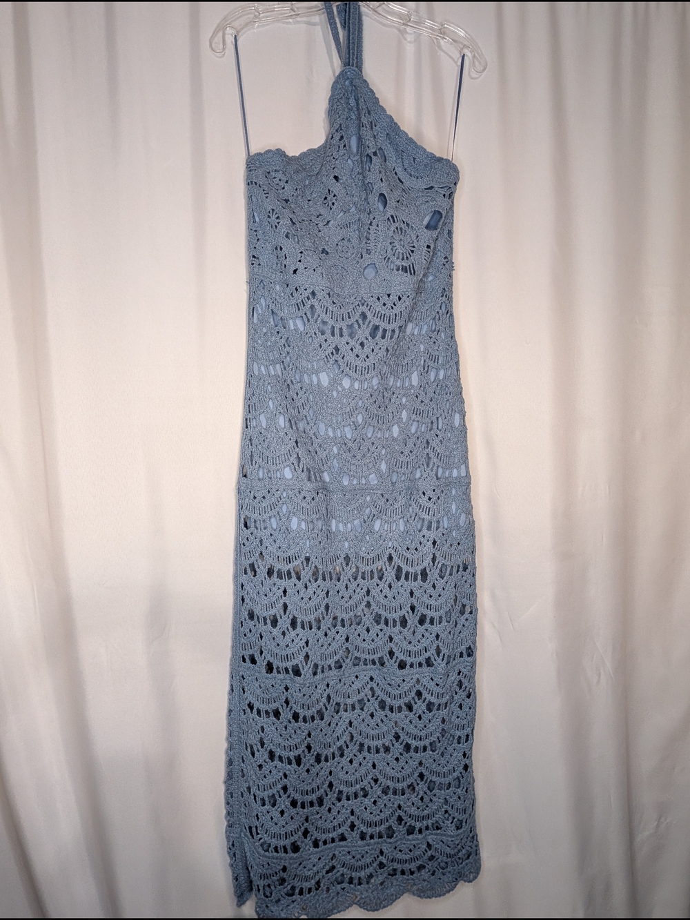 Light Blue Halter Top Crochet Midi Dress